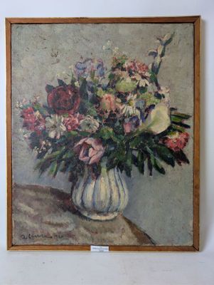 a painting of flowers in a vase on a table