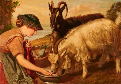 un tableau représentant une femme donnant à manger à une chèvre à partir d'un bol