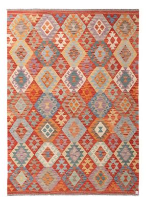 Kilim Afghan en laine Couleur rouge ,beige et bleu 237 x 174