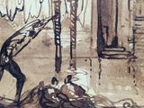 a drawing of a man and a woman sitting on a bench