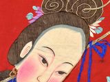 painting of a woman with a fan on a red background