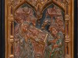 an image of a wooden panel with a painting of a man and a woman