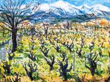 an image of a painting of a field with trees and mountains in the background