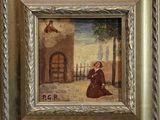 une image représentant un tableau où l'on voit une femme assise devant un bâtiment