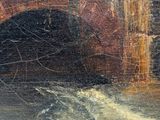 an oil painting of a river with a bridge in the background