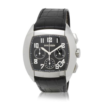 men ' s watch with black dial and black leather strap