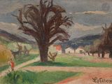 tableau représentant une femme marchant sur un chemin de terre à côté d'un arbre