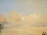 a painting of cows grazing in a field on a cloudy day