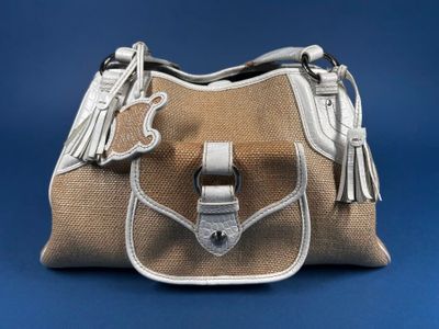 an image of a purse with a handle on a blue background