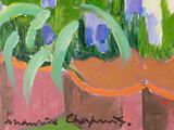 a painting of three pots with flowers in them