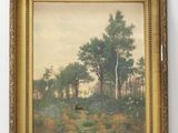 une peinture à l'huile représentant un paysage avec des arbres et des buissons, dans un cadre doré