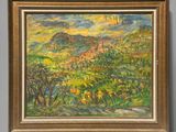 a painting of a landscape with mountains and trees in a gold frame