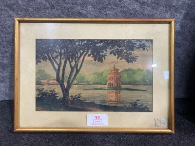 framed picture of a painting of a lake and a tree