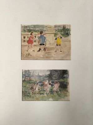 deux tableaux représentant des enfants jouant avec un chien dans un parc