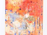 peinture représentant une œuvre abstraite aux couleurs orange et bleue sur un mur blanc