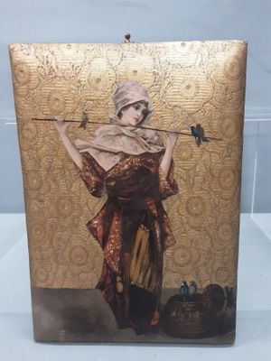 tableau représentant une femme avec un oiseau sur l'épaule