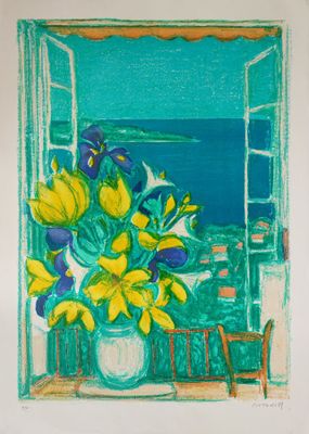 painting of a vase of yellow and blue flowers in front of an open window