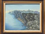 an oil painting of a view of a cliff with a body of water in the foreground