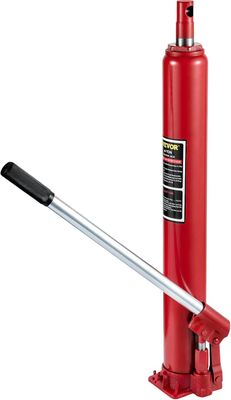 a red hydraulic bottle jack with a handle on a white background