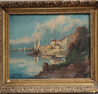 tableau représentant une vue d'un port avec des voiliers sur l'eau