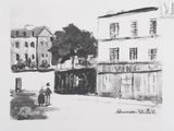 drawing of a man walking down a street in front of a building