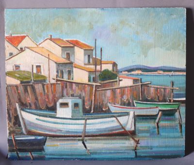 Max TOUTAIN (1935-2006), "Le séchage des filets", huile sur …