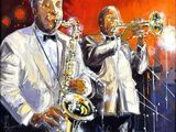 a painting of two men in tuxedos playing saxophones