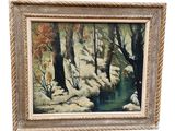 an oil painting of a stream running through a forest filled with trees