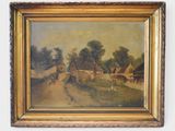 an oil painting of a farm scene in a gold frame