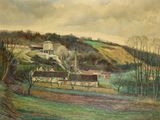 une peinture à l'huile représentant une ferme dans une région vallonnée, avec une colline en arrière-plan