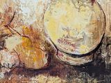 a painting of a vase and some fruit on a table