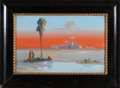an oil painting of a desert scene with palm trees and a building