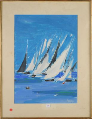 un tableau représentant un groupe de voiliers naviguant sur l'océan