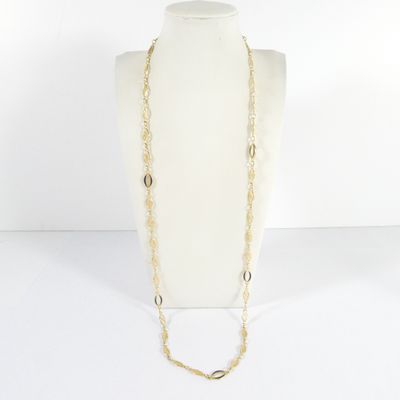 a gold chain necklace with a long link and a circular clasp