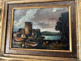 an old painting of a castle with a river in the foreground