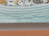 a picture of a painting of a cat and dogs in a boat