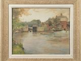 an image of a painting of a river with a bridge in the background