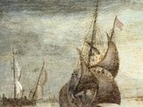 painting of boats in a body of water with a sky background