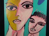 un tableau représentant une femme et un enfant sur fond vert