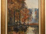 une peinture représentant une scène de rivière avec un bateau dans l'eau