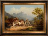 une image représentant un tableau illustrant une scène de village avec des chevaux et des calèches
