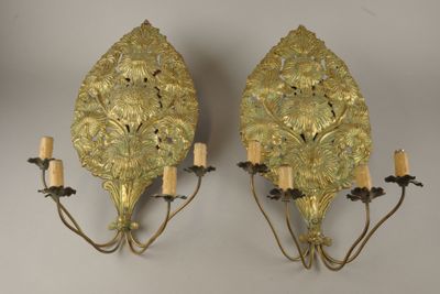 pair of antique brass wall sconces with leaves and candles