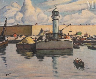 a painting of a lighthouse in the middle of a body of water