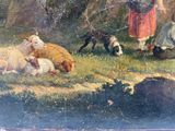 a painting of a woman and two dogs in a field