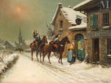 un tableau représentant des personnes à cheval dans une rue enneigée