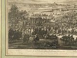 painting of a large group of people on horseback in front of a city