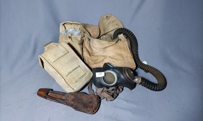 a gas mask and a pair of shoes sitting on a table