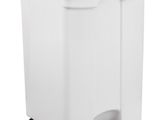 a white trash can with wheels on a white background