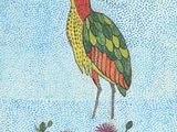 un tableau représentant un oiseau perché au sommet d'une plante
