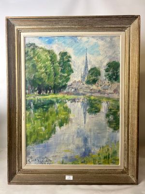 an oil painting of a river with a church in the background